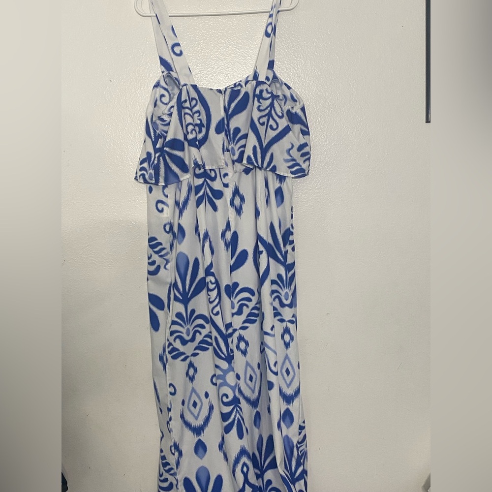 SHEIN Blue and White Printed Ruffle Maxi Jumpsuit Romper
